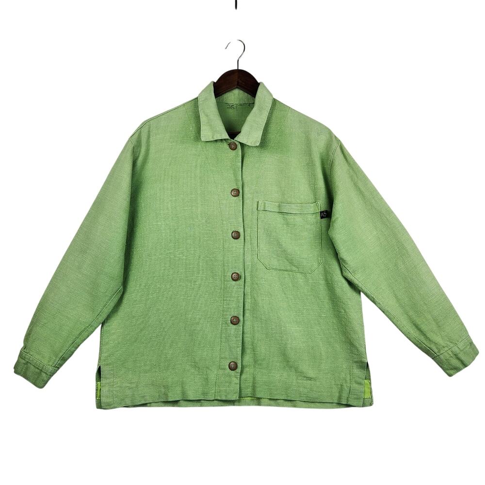 AS Ramie Blend Shacket Women’s SZ  Large Kelly Green Button Up Pointed Collar
